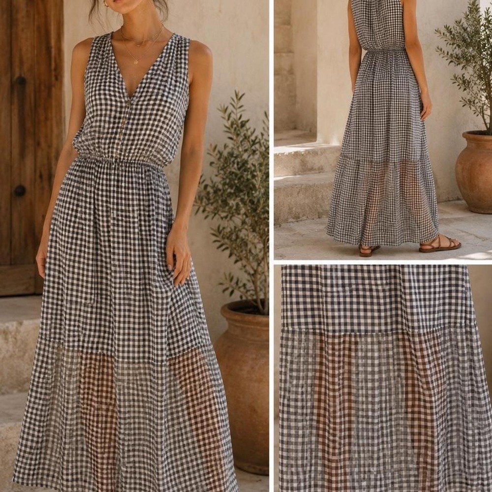 Maison Jules white and black sheer gingham maxi dress with 1/2 n 1/2 sheer